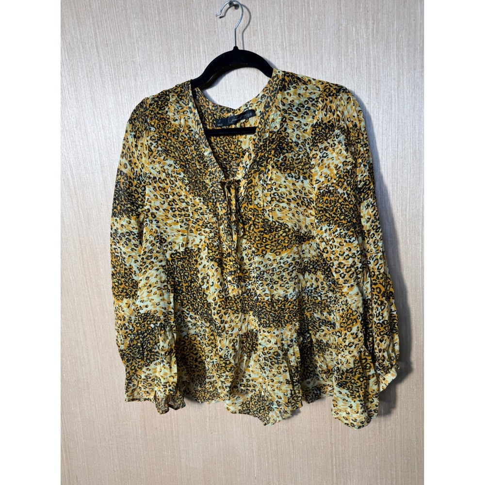 Patterson J. Kincaid Womens Yellow Leopard Print Peplum V-Neck Tie Blouse Large
